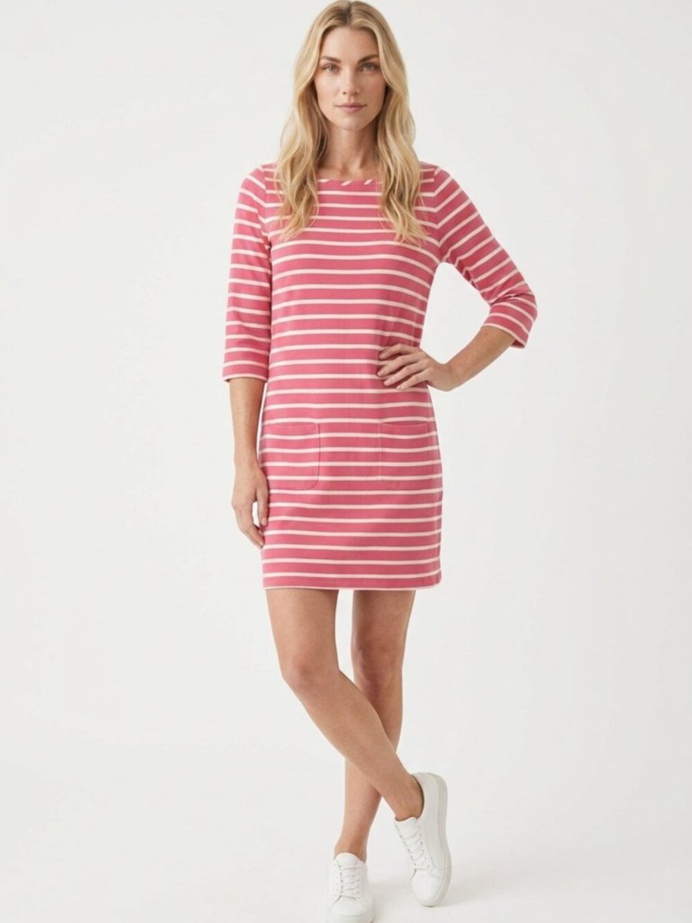 BODEN Pink White Stripe T-Shirt Dress w/ pockets & ¾ sleeves – Wmns US 14